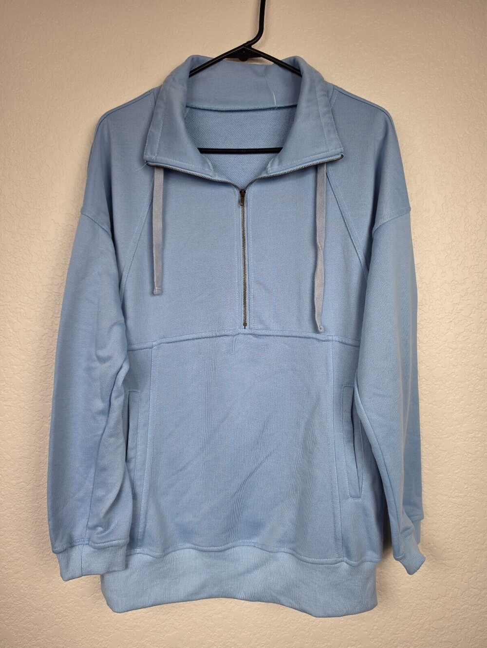 Light Blue Half-Zip Pullover Sweatshirt with Drawstring Collar